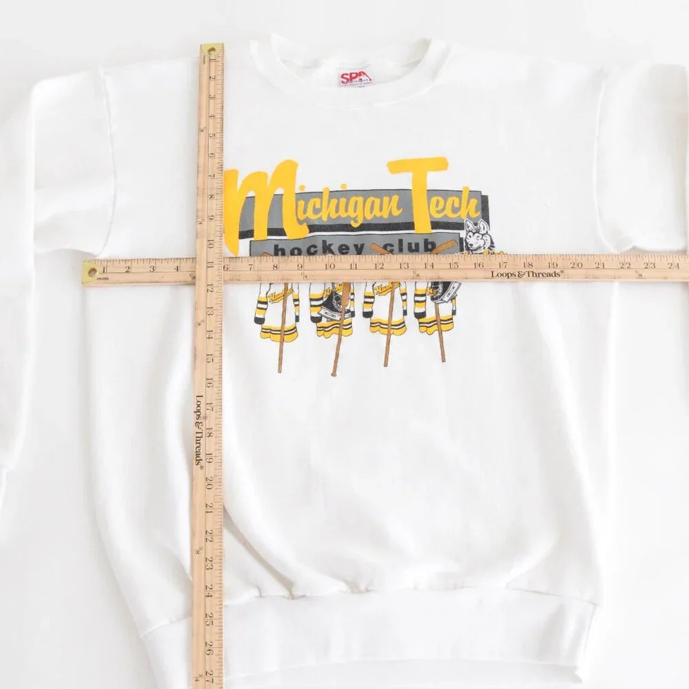 VTG 90S Spa Sportswear MI Tech Hockey Huskies White And Yellow Crew Neck Sweater - Picture 3 of 11